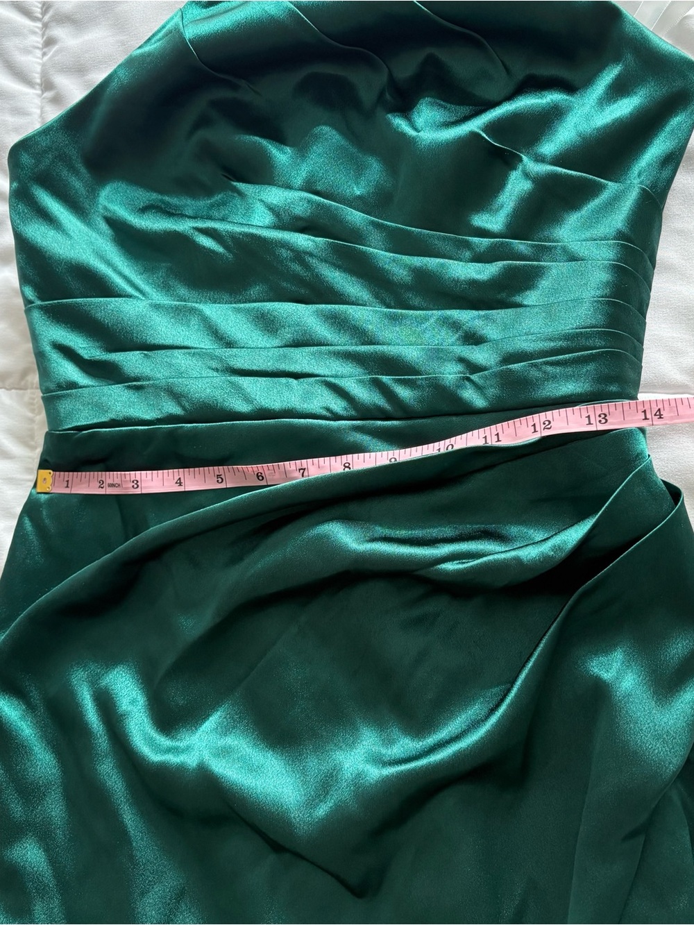 Azazie Women’s “Jenna” Emerald Sheath Pleated High-Neck Ruched Satin Dress - Picture 11 of 14